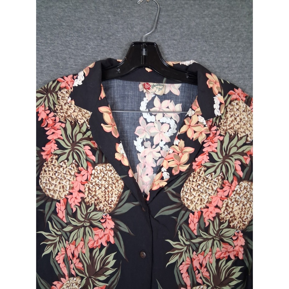 Hilo Hattie Womens Shirt L  Black Tropical‎ Pineapple Floral Rayon USA Made VTG